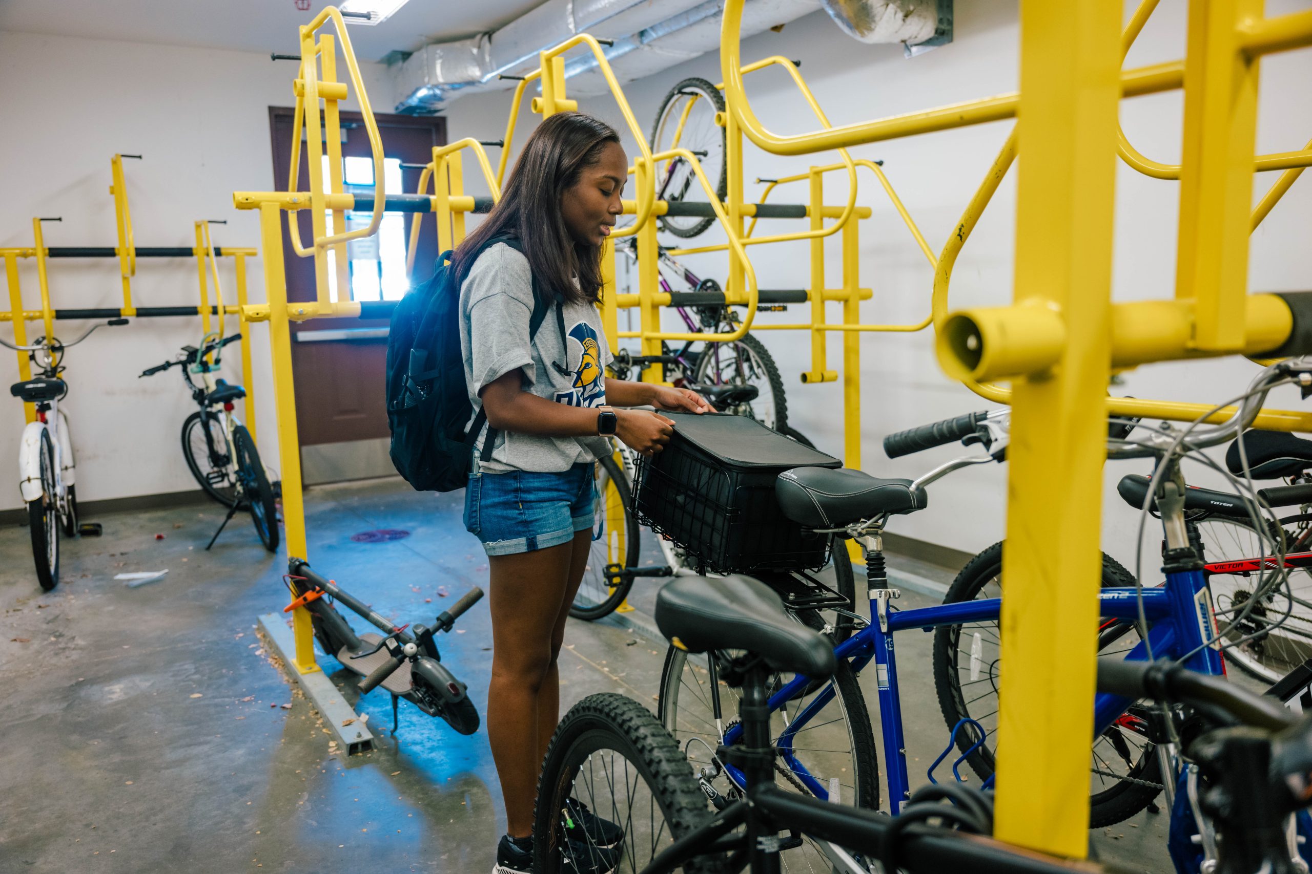 student in bike rack